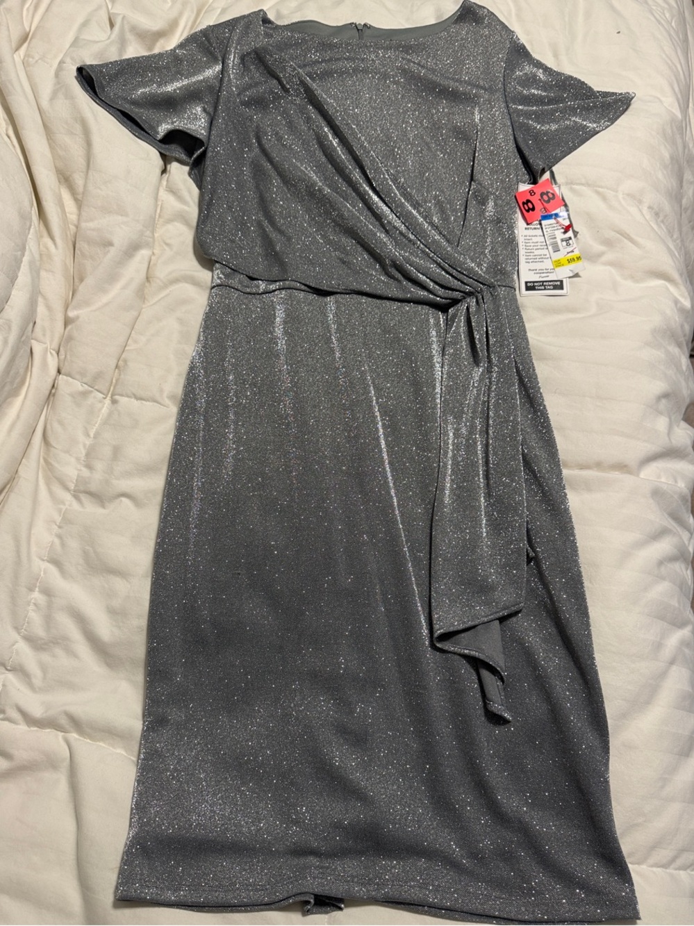 NWT - SLNY - Silver Sparkle Draped Tie-Detail Sheath Dress - Size 8